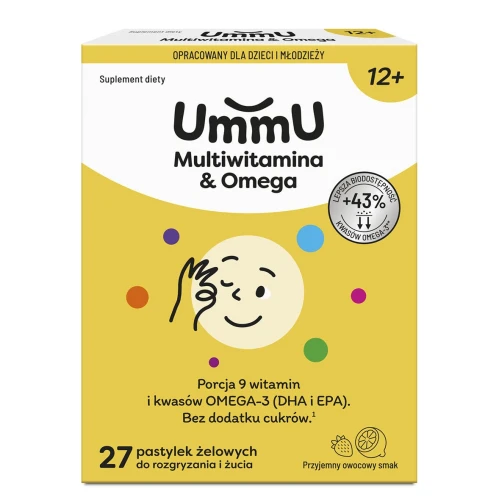 UmmU Multiwitamina & Omega 12+, 27 pastylek żelowych do żucia  - Witaminy i Omega-3 dla dzieci w okresie wytężonego wysiłku fizycznego i psychicznego