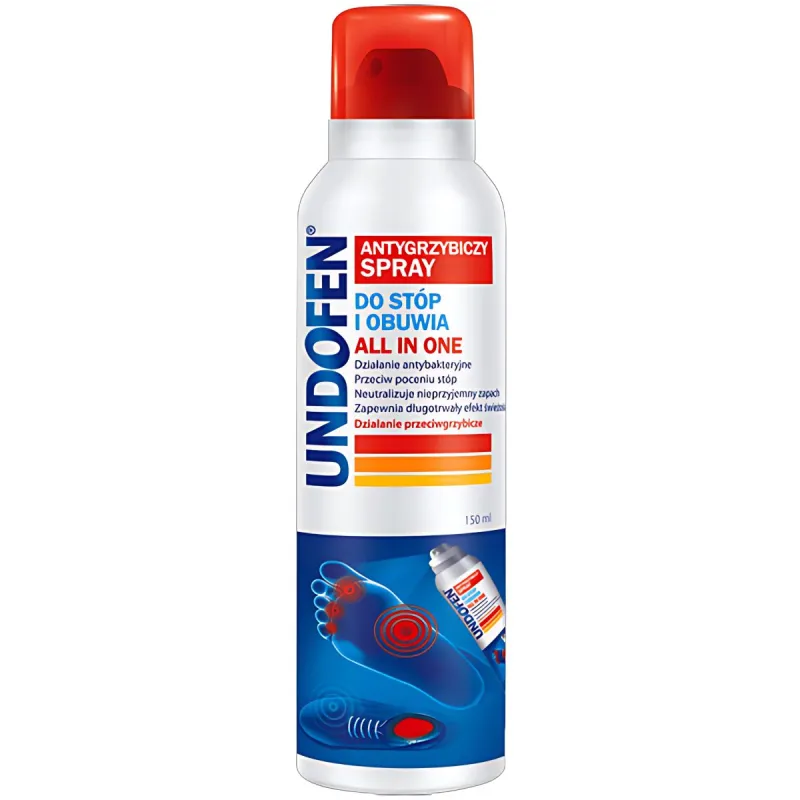 Undofen All in One,  spray do stóp i obuwia, 150 ml - Preparat przeciwbakteryjny, zmniejszający pocenie się stóp. Na grzybicę między palcami nóg