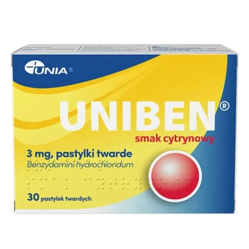 Uniben 3 g smak cytrynowy, 30 pastylek do ssania - Pastylki na ból gardła z benzydaminą