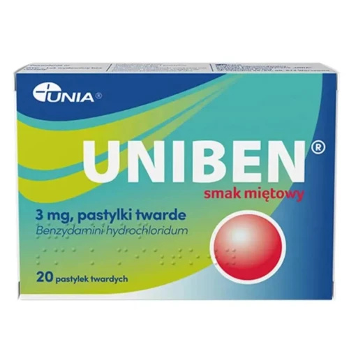 Uniben 3 g smak miętowy, 20 pastylek do ssania - Tabletki do ssania na ból gardła dla dorosłych i dzieci