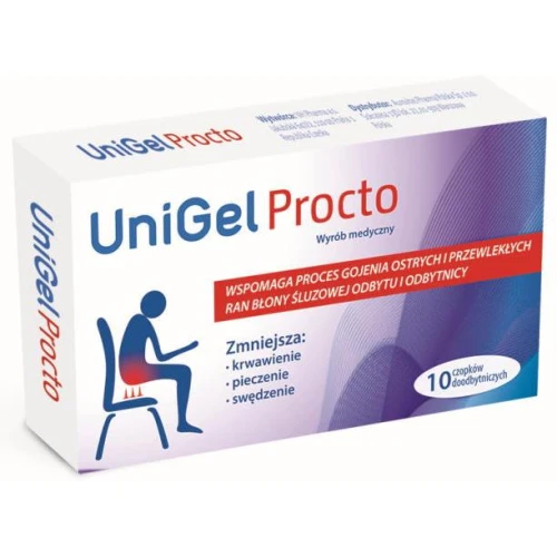 UniGel Procto, 10 czopków doodbytniczych - Wspomagają proces gojenia szczelin odbytu i hemoroidów