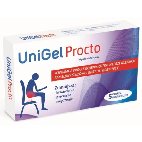 UniGel Procto, 5 czopków doodbytniczych - Wspomagają proces gojenia błony śluzowej odbytu i odbytnicy
