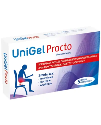 UniGel Procto, czopki doodbytnicze 5 sztuk - Czopki wspomagające proces gojenia błony śluzowej odbytu i odbytnicy