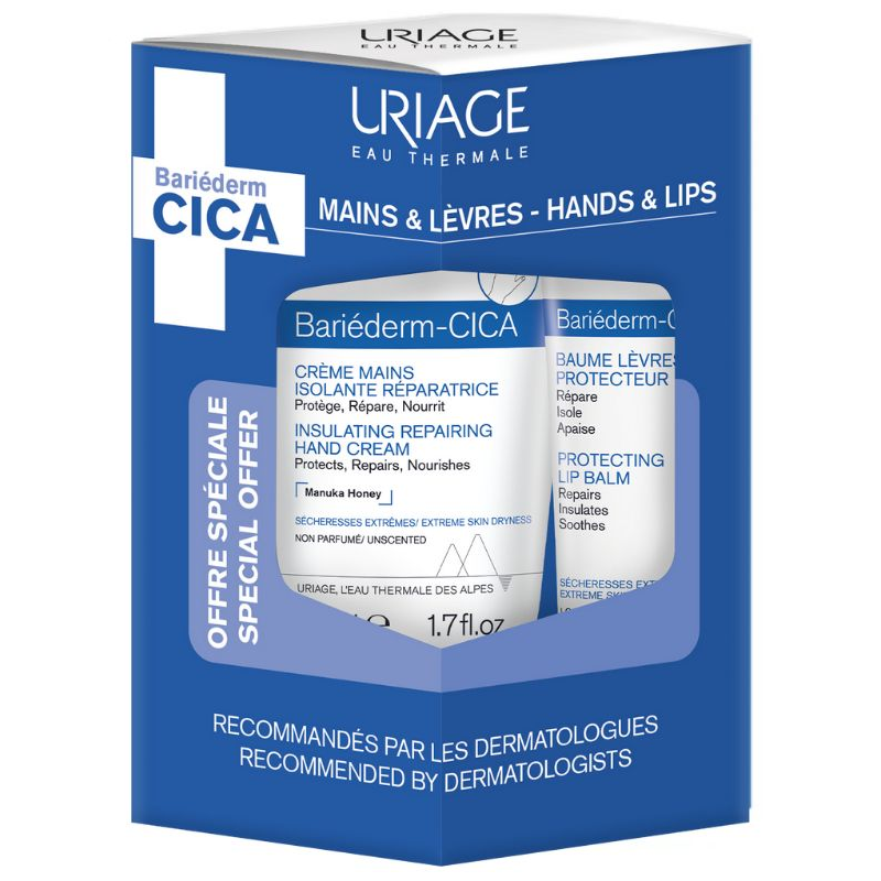 Uriage Bariéderm-Cica Zestaw - krem do rąk, 50 ml + balsam do ust, 15 ml - Regeneracja i ochrona bariery skóry