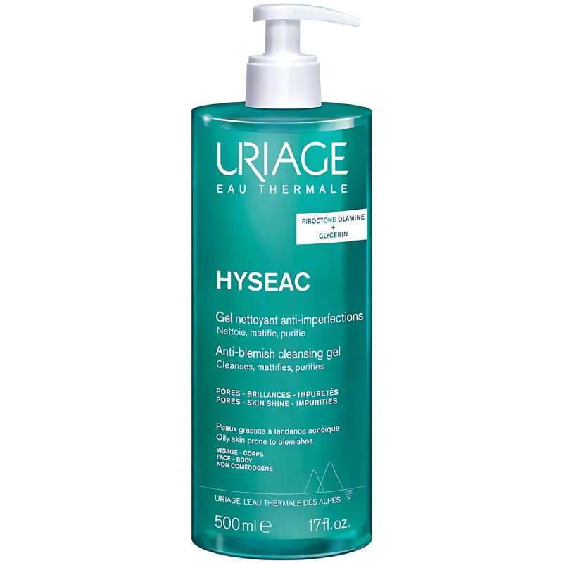 Uriage Hyseac, żel oczyszczający, 500 ml - Usuwa zanieczyszczenia i nadmiar sebum