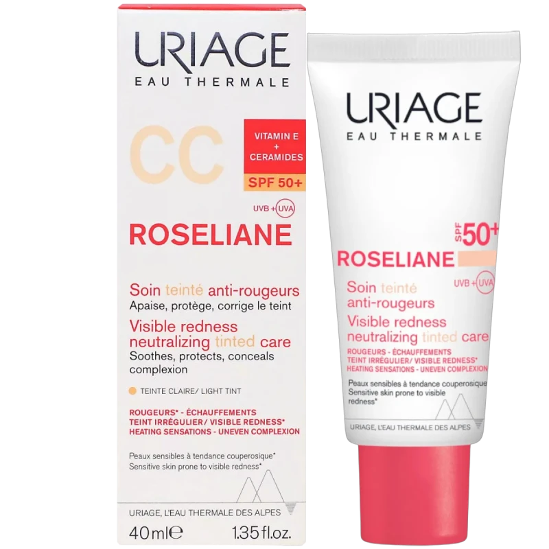 Uriage Roseliane CC SPF 50+, odcień jasny, krem do skóry wrażliwej,  40 ml - Chroni przed słońcem, redukuje zaczerwienienia i ujednolica koloryt skóry