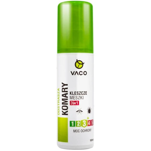 Vaco Płyn 3 w 1 na komary, kleszcze i meszki DEET 15%, spray 100 ml - Ochrona przed ukąszeniami aż do 5 godzin