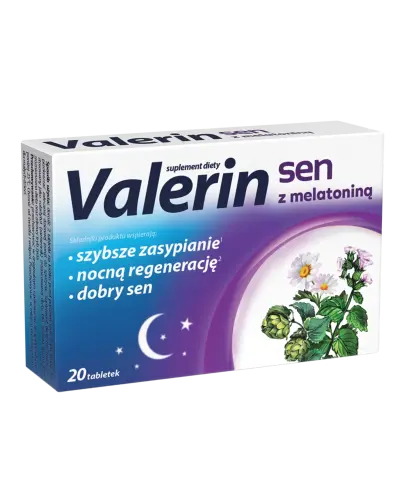 Valerin Sen z melatoniną, 20 tabletek - Ziołowe tabletki z melatoniną, których składniki wspomagają zdrowy sen i regenerację