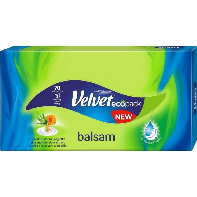 Velvet Balsam Chusteczki higieniczne z ekstraktem z aloesu i nagietka, pudełko 70 sztuk - 3-warstwowe chusteczki w kartoniku