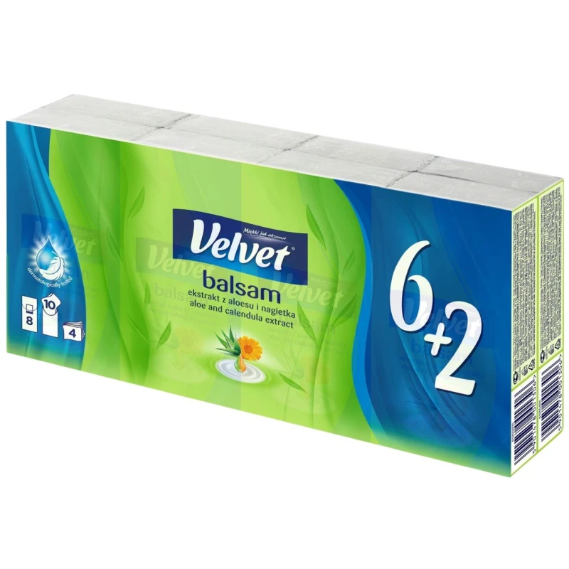 Velvet Balsam Chusteczki higieniczne z ekstraktem z aloesu i nagietka, 8 x 10 sztuk - 4-warstwowe chusteczki higieniczne z balsamem