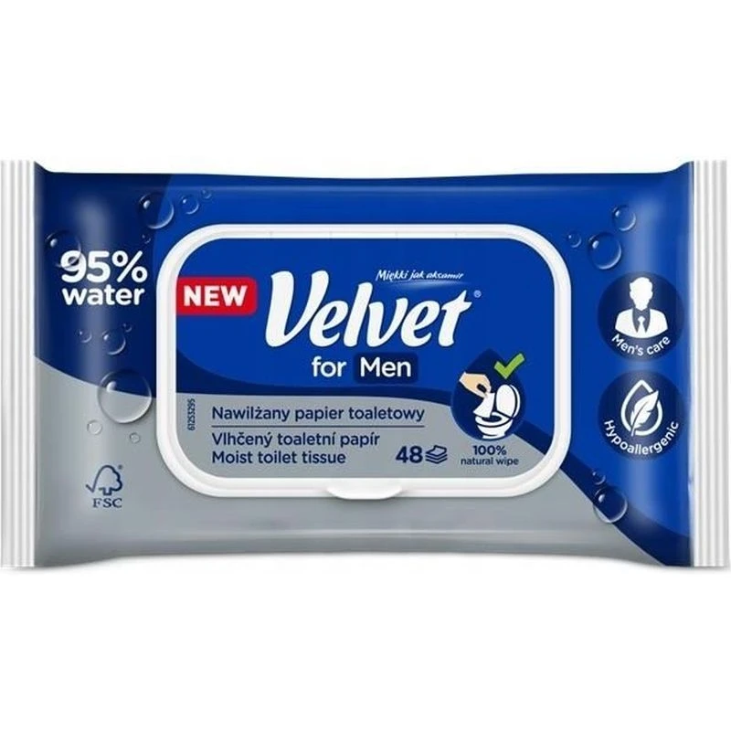 Velvet for Men Nawilżany papier toaletowy, 48 listków - 2w1 – papier i chusteczki do higieny intymnej