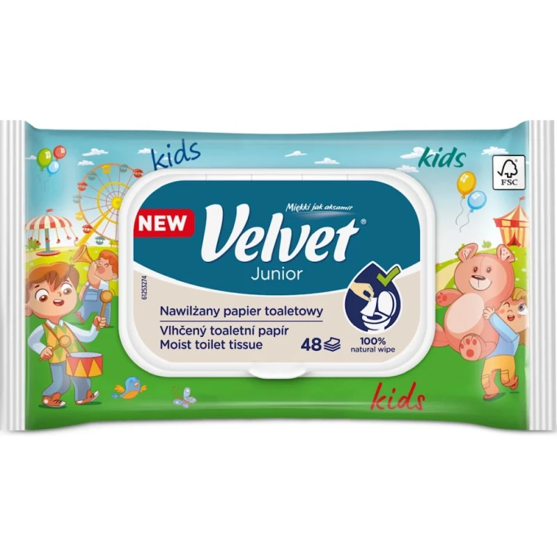 Velvet Junior Nawilżany papier toaletowy, 48 listków - Delikatna formuła z witaminą E i kwasem mlekowym