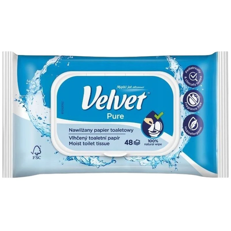 Velvet Pure Nawilżany papier toaletowy, 48 listków - Delikatnie czyści i dba o właściwe pH okolic intymnych