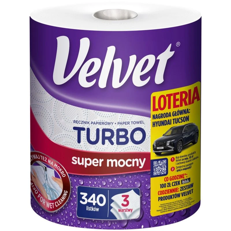 Velvet Turbo ręcznik papierowy, 340 listków, 1 sztuka - Wyjątkowo chłonny i wytrzymały 