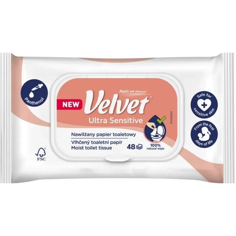 Velvet Ultra Sensitive Nawilżany papier toaletowy, 48 listków - Dla niemowląt od 1. dnia życia i całej rodziny