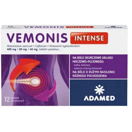 Vemonis Intense, 12 tabletek powlekanych - Na silny ból i skurcze