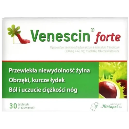 Venescin forte, 30 tabletek drażowanych - Przewlekła niewydolność żylna, obrzęki, kurcze łydek, ból i uczucie ciężkości nóg