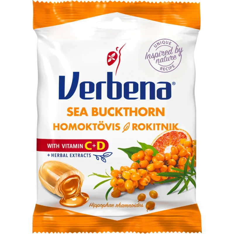 Verbena Rokitnik ziołowe cukierki z wit. C + D, 60 g - Nadziewane ziołowe cukierki z rokitnikiem i witaminami