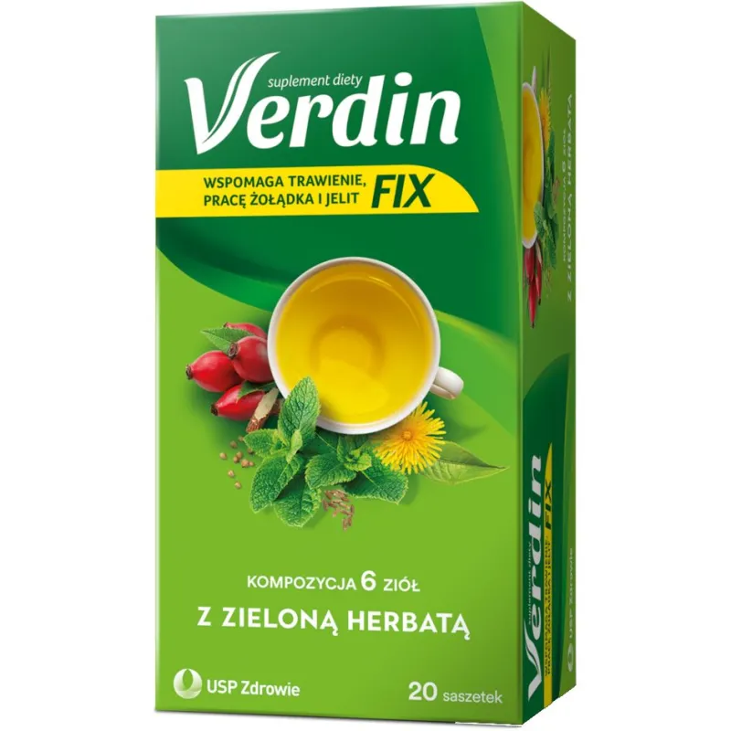 Verdin Fix z zieloną herbatą, 20 saszetek - Wsparcie dla układu pokarmowego