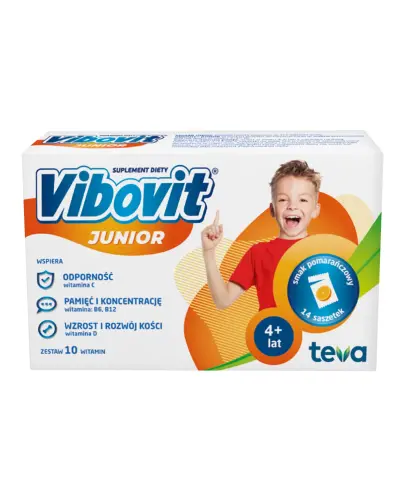 Vibovit Junior  o smaku pomarańczowym, 14 saszetek - Proszek z witaminami dla dzieci powyżej 4. go roku życia