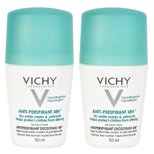 Vichy Deo Przeciw Śladom Antyperspirant 48h Roll-on, 2 x 50 ml - Skuteczna ochrona bez plam, dla skóry wrażliwej