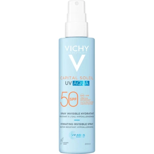 Vichy Capital Soleil UV-Aqua Ochronny spray do ciała SPF 50, 200 ml - Wysoka ochrona przeciwsłoneczna i długotrwałe nawilżenie