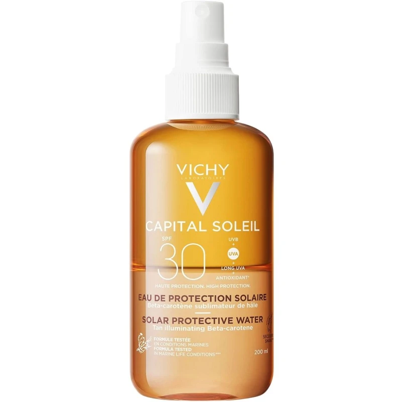 Vichy Capital Soleil Ochronna woda solarna  SPF 30, 200 ml - Lekka ochrona UVA i UVB z beta-karotenem