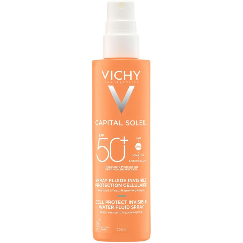 Vichy Capital Soleil Cell Protect Water Fluid Spray SPF 50+, 200 ml - Ultralekka ochrona przeciwsłoneczna z kwasem hialuronowym