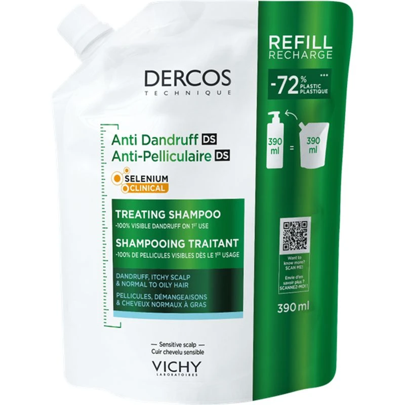Vichy Dercos Szampon przeciwłupieżowy włosy normalne i przetłuszczające się - Refill, 390 ml - Ochrona i pielęgnacja skóry głowy z łupieżem