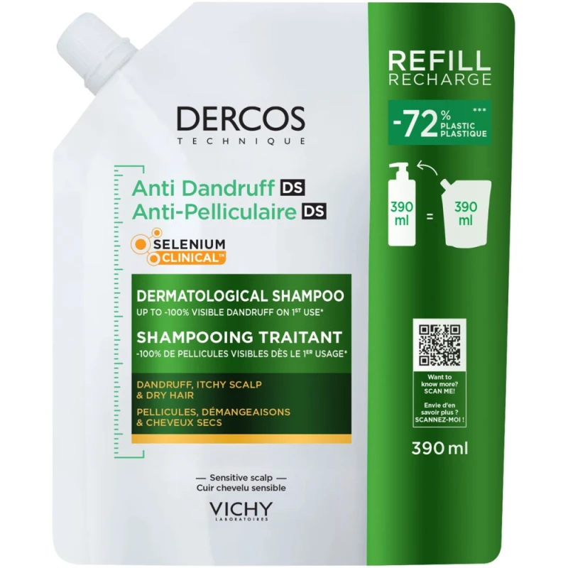 Vichy Dercos Szampon przeciwłupieżowy włosy suche - Refill, 390 ml - Pielęgnacja skóry głowy i redukcja łupieżu