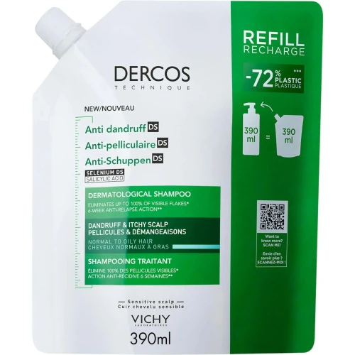 Vichy Dercos DS Szampon przeciwłupieżowy do włosów normalnych i przetłuszczających się - Refill, 390 ml - Skuteczna ochrona i pielęgnacja skóry głowy