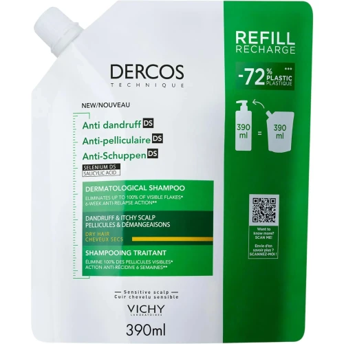 Vichy Dercos DS Szampon przeciwłupieżowy do włosów suchych - Refill, 390 ml - Skuteczna pielęgnacja skóry głowy i redukcja łupieżu