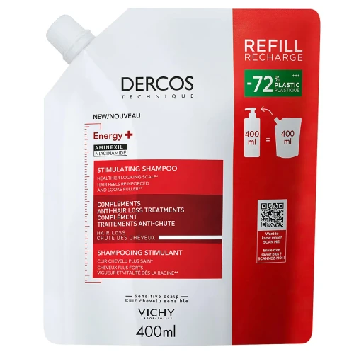 Vichy Dercos Energy+ szampon wzmacniający, Eco Refill, 400 ml - Hamuje wypadanie, dodaje objętości i wzmacnia