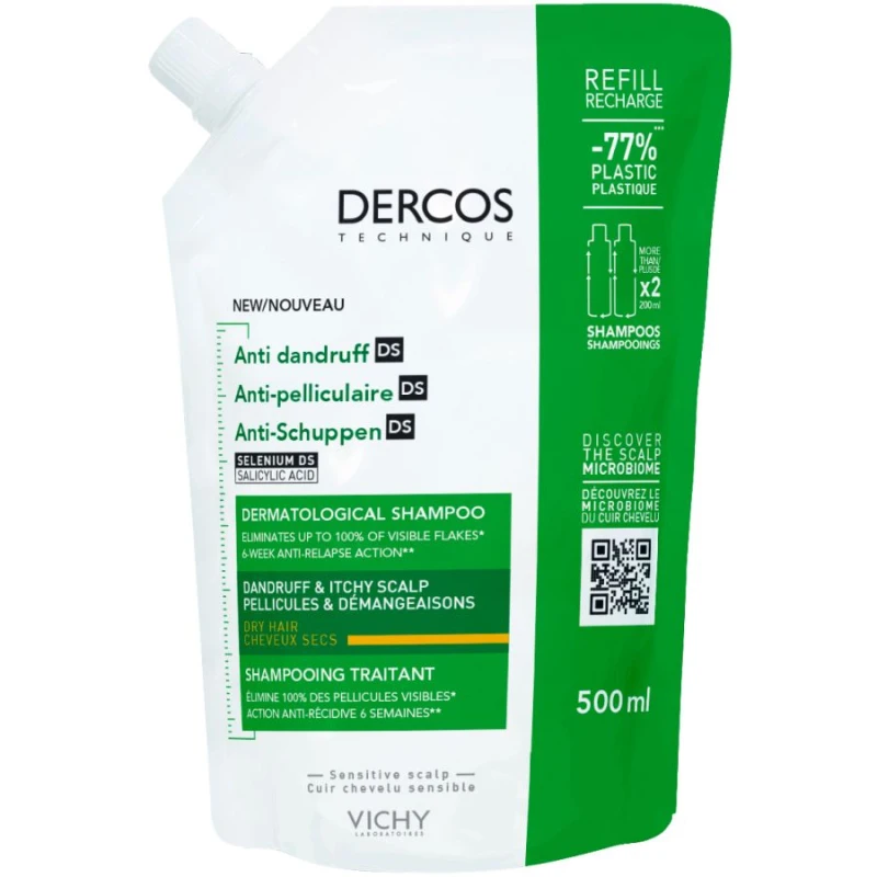 Vichy Dercos Szampon przeciwłupieżowy włosy suche - Refill, 500 ml - Intensywna pielęgnacja skóry głowy z łupieżem