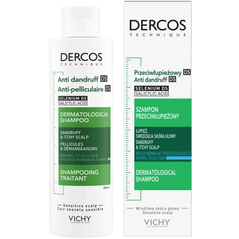 Vichy Dercos Anti Dandruff DS, szampon przeciwłupieżowy, 200 ml - Kremowa formuła z dwusiarczkiem selenu do włosów przetłuszczające się i normalnych