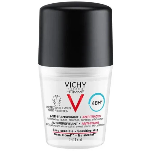 Vichy Homme antyperspirant 48h dla mężczyzn, przeciw śladom na ubraniach,  roll-on 50 ml - Redukuje nadmierne wydzielanie potu