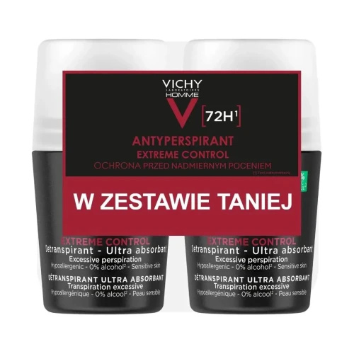 Vichy Homme Extreme Antyperspirant 72 h w roll-on, 2 x 50 ml - Długotrwała ochrona przed potem i nieprzyjemnym zapachem