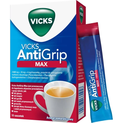 Vicks AntiGrip Max granulat do sporządzania roztworu doustnego, 10 saszetek - w leczeniu objawowym przeziębienia i grypy