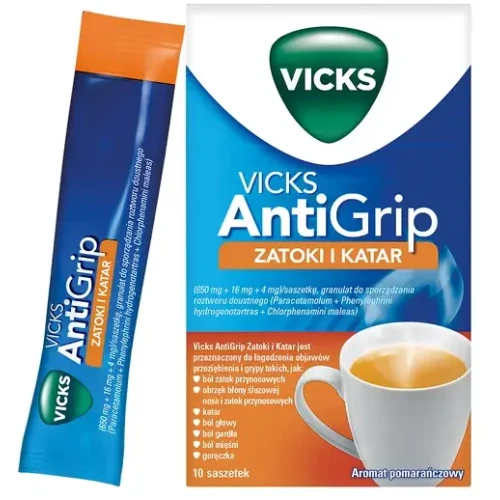 Vicks Antigrip Zatoki i Katar, 10 saszetek - Na objawy przeziębienia i grypy ze słabym lub umiarkowanym bólem zatok przynosowych