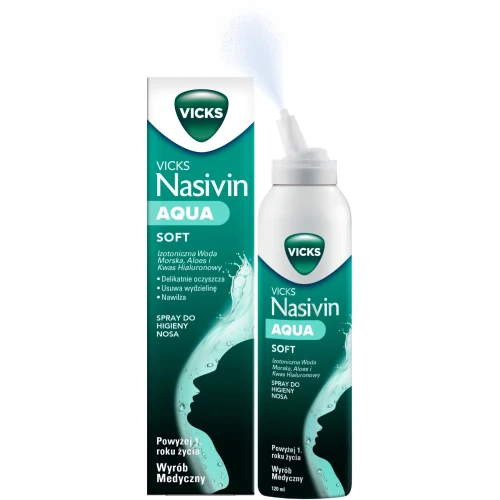 Vicks Nasivin Aqua Soft, 120 ml - Spray do nosa z aloesem i kwasem hialuronowym - dla dorosłych i dzieci