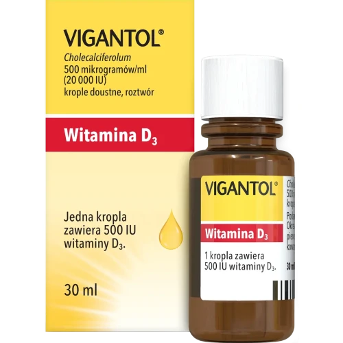 Vigantol 20 000 IU Krople doustne, roztwór, 30 ml - Jedna kropla zawiera 500 IU witaminy D3