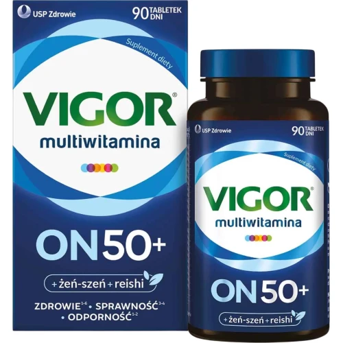 Vigor Multiwitamina On 50+, 90 tabletek - Kompozycja witamin i minerałów z żeń-szeniem i reishi