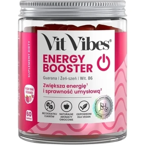 Vit Vibes Energy Booster o smaku truskawkowym, 60 żelków - Z guaraną, żeń-szeniem i witaminą B6