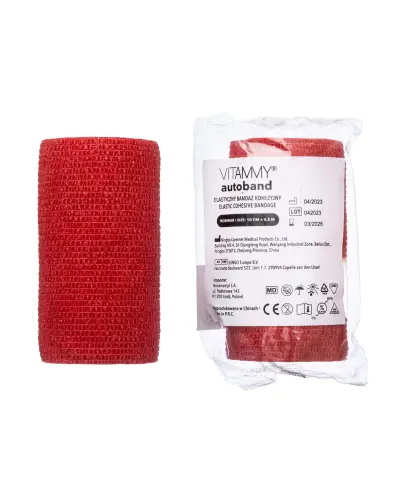 Vitammy Autoband Elastyczny bandaż kohezyjny czerwony 10 cm x 4,5 m, 1 sztuka - Do mocowania opatrunków