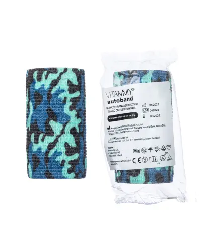 Vitammy Autoband Elastyczny bandaż kohezyjny niebieskie moro 10 cm x 4,5 m, 1 sztuka - Dedykowany do mocowania opatrunków