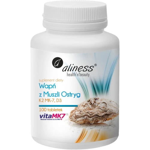 Aliness Wapń z muszli ostryg z K2 MK7 i D3, 100 tabletek - Naturalny wapń z muszli ostryg wzbogacony witaminami K2 i D3