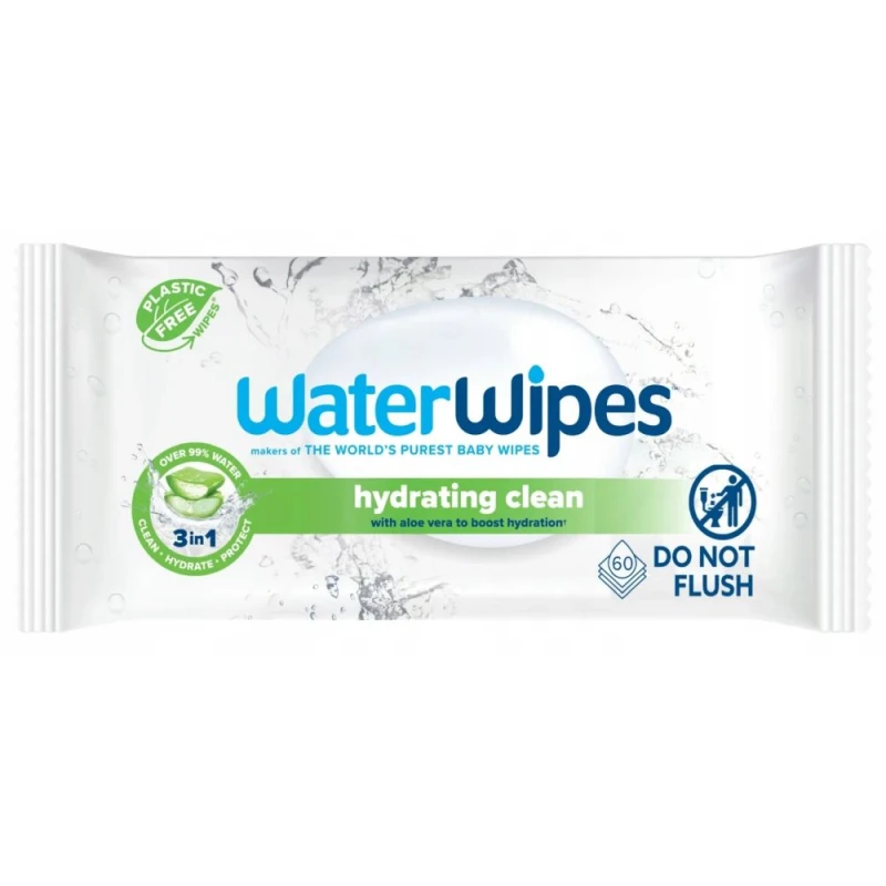 WaterWipes Hydrating Clean Chusteczki nawilżane dla dzieci z ekstraktem z aloesu, 60 sztuk - Delikatne oczyszczanie i nawilżenie skóry