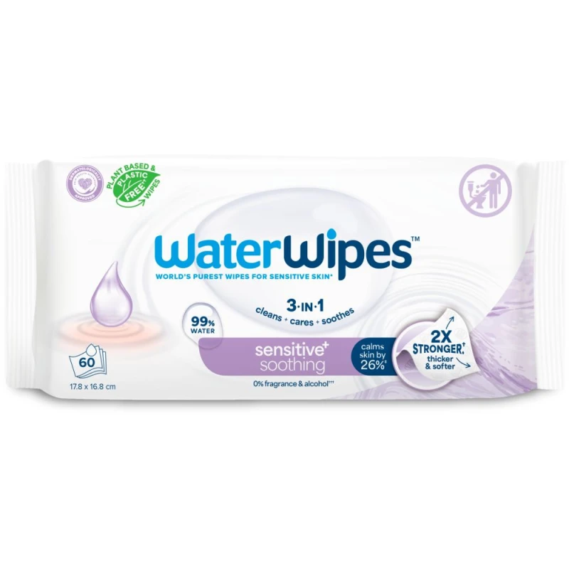 WaterWipes Soothing Clean Chusteczki nawilżane dla dzieci z ekstraktem z lawendy, 60 sztuk - Delikatne oczyszczanie i ukojenie skóry