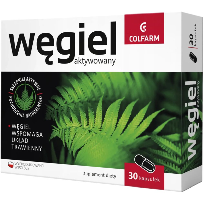 Colfarm Węgiel aktywowany, 30 kapsułek - Suplement diety, który wspiera funkcjonowanie układu pokarmowego