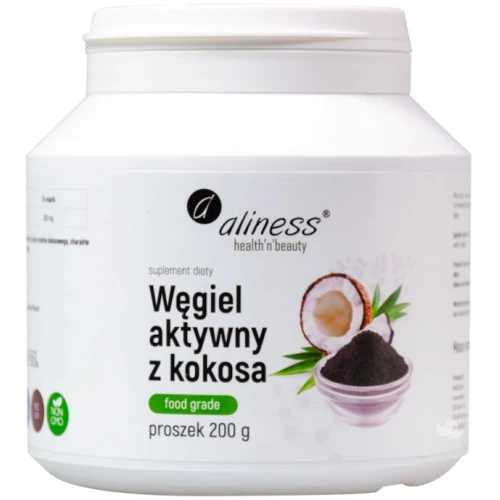Aliness Węgiel aktywny z kokosa Proszek, 200 g - Wsparcie trawienia